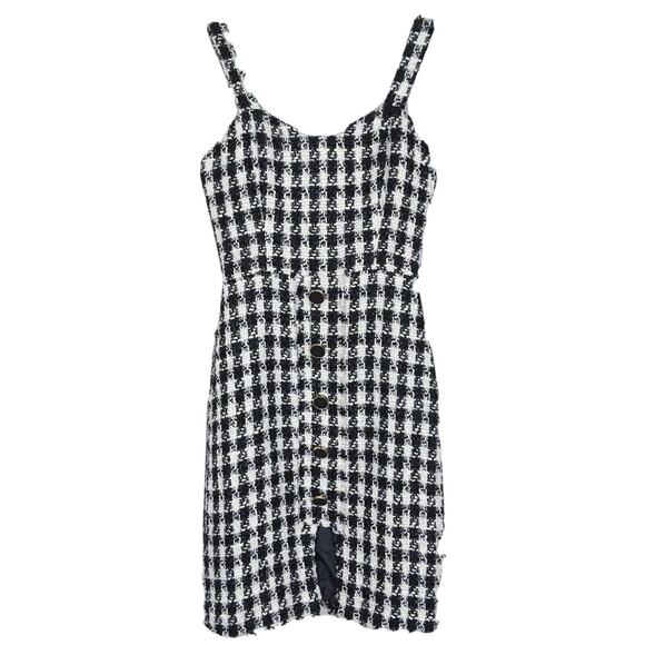 NWT J.O.A. Tweed Fringe Houndstooth Print Sleeveless Sheath Dress Split Hem XS - Picture 4 of 15